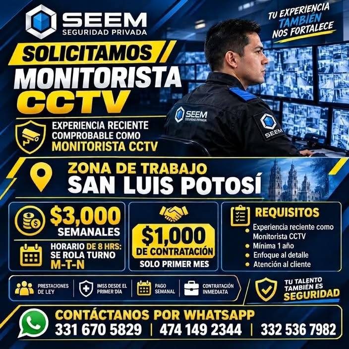 Banner del anuncio de la vacante: SEEM · SEGURIDAD PRIVADA · SOLICITAMOS · MONITORISTA · CCTV · EXPERIENCIA RECIENTE · SEEM · COMPROBABLE COMO · MONITORISTA CCTV · ZONA DE TR