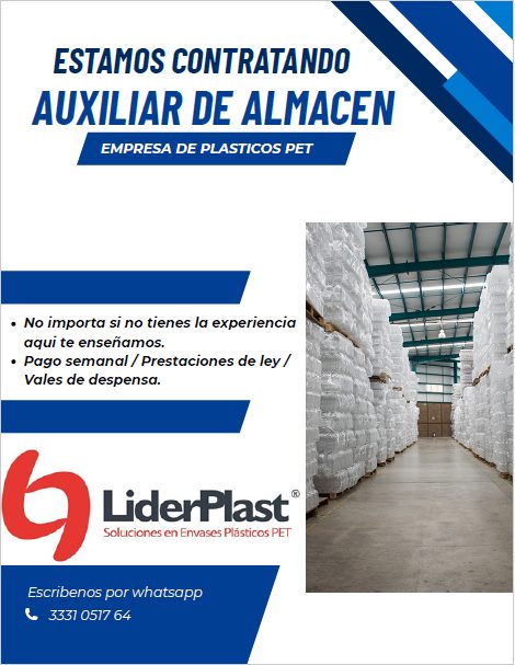 Banner del anuncio de la vacante: ESTAMOS CONTRATANDO · AUXILIAR DE ALMACEN · EMPRESA DE PLASTICOS PET · • No importa si no tienes la experiencia · aqui te enseñamos. · • Pag