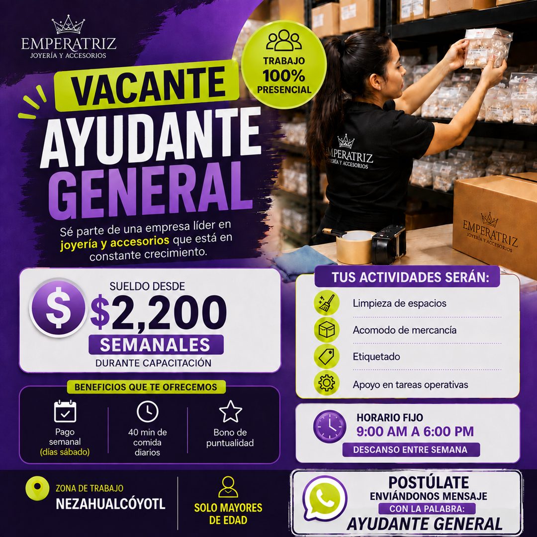 Banner del anuncio de la vacante: EMPERATRIZ · JOYERÍA Y ACCESORIOS · VACANTE · AYUDANTE · GENERAL · Sé parte de una empresa líder en · joyería y accesorios que está en · con