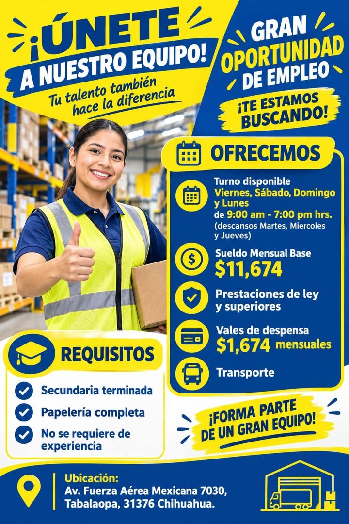 Banner del anuncio de la vacante: ¡UNETE · A NUESTRO EQUIPO! · Tu talento también · hace la diferencia · E · REQUISITOS · Secundaria terminada · Papelería completa · No se re