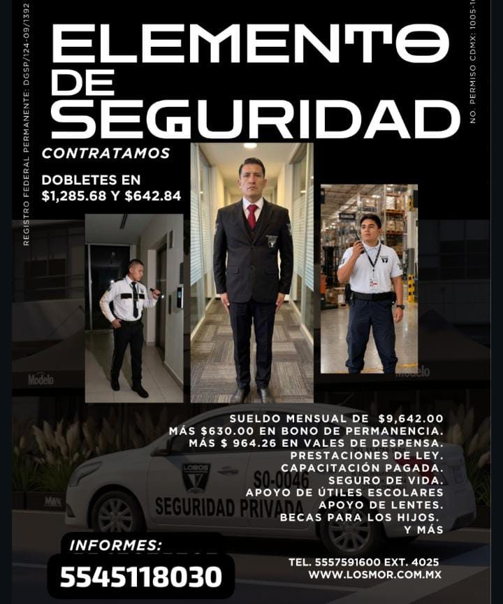 Banner del anuncio de la vacante: REGISTRO FEDERAL PERMANENTE: DGSP/124-09/1392 · ELEMENTO · DE · SEGURIDAD · CONTRATAMOS · DOBLETES EN · $1,285.68 Y $642.84 · NO. PERMISO CD