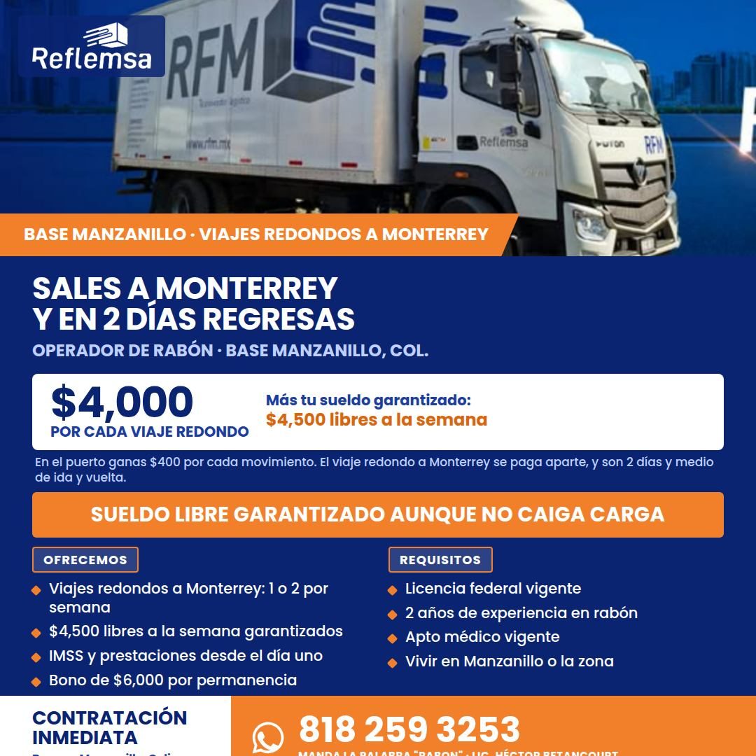 Banner del anuncio de la vacante: Reflemsa · RFM L · Reflemsa · У 861 · PUIOn · REN · BASE MANZANILLO • VIAJES REDONDOS A MONTERREY · SALES A MONTERREY · Y EN 2 DIAS REGRESAS