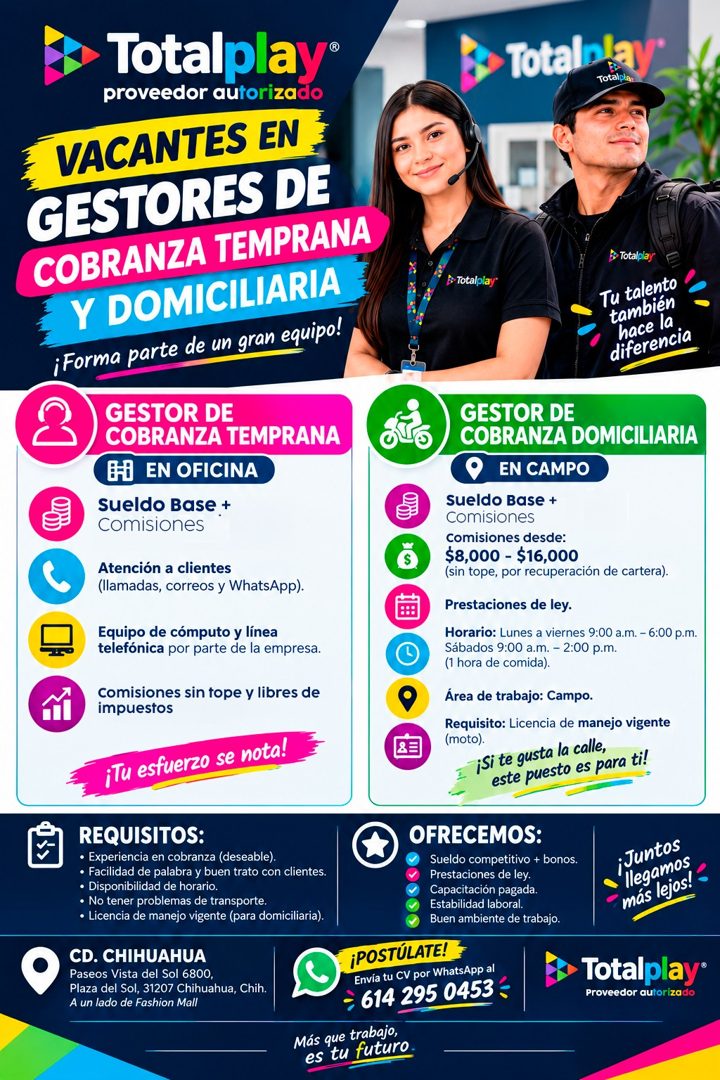 Banner del anuncio de la vacante: Totalplay® · proveedor autorizado · VACANTES EN · GESTORES DE · COBRANZA TEMPRANA · Y DOMICILIARIA · ¡Forma parte de un gran equipo! · GESTO