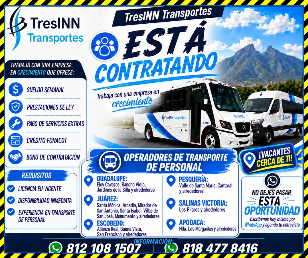 Banner del anuncio de la vacante: 3 TresINN · Transportes · TresINN Transportes · ESTA · CONTRATANDO · Trabaja con una empresa en · crecimiento · Zafiro GT · TRABAJA CON UNA 