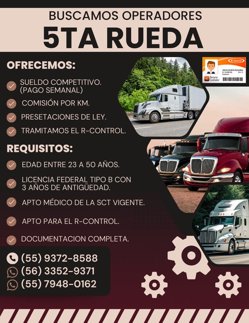 Banner del anuncio de la vacante: BUSCAMOS OPERADORES · 5TA RUEDA · OFRECEMOS: · SUELDO COMPETITIVO. · (PAGO SEMANAL) · COMISIÓN POR KM. · PRESETACIONES DE LEY. · TRAMITAMOS 