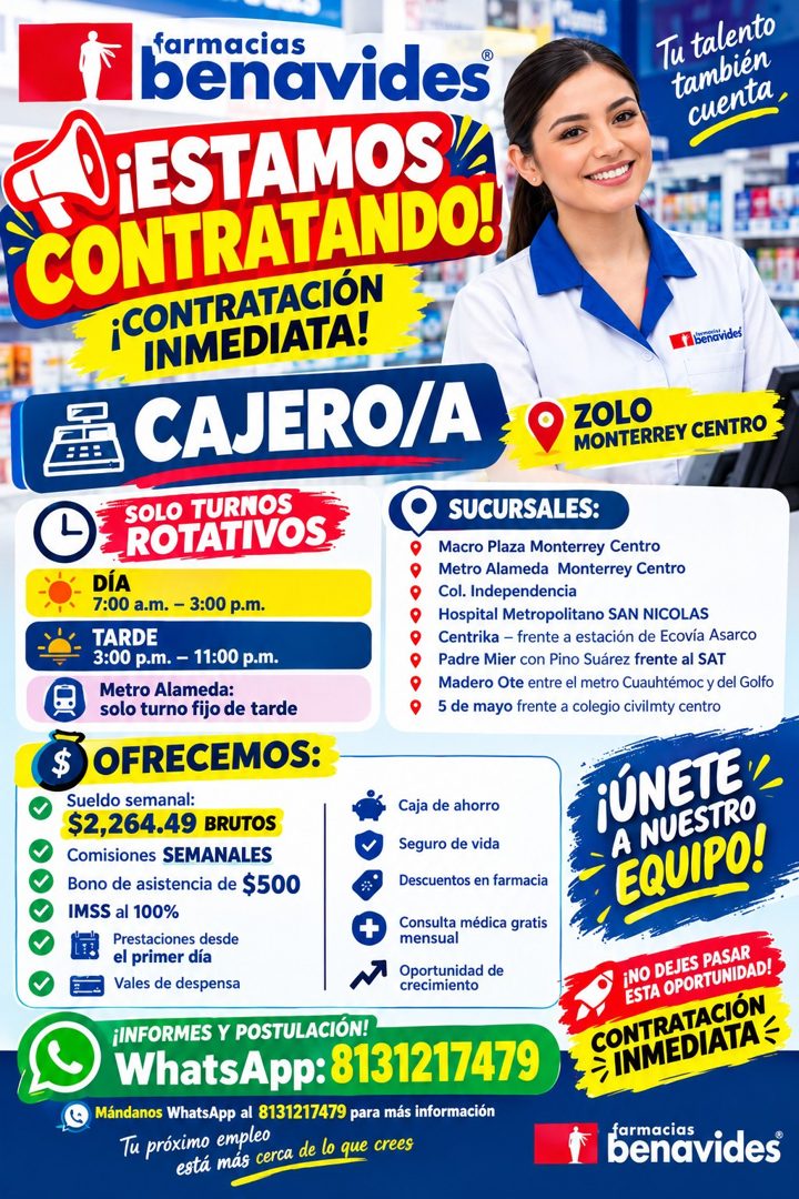 Banner del anuncio de la vacante: farmacias · benavides® · Tu talento · también · cuenta, · ¡ESTAMOS' · CONTRATANDO! · ¡CONTRATACIÓN · INMEDIATA! · CAJERO/A · fi benavides · 