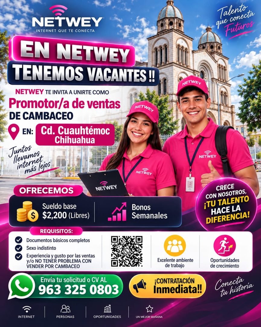 Banner del anuncio de la vacante: NETWEY · INTERNET QUE TE CONECTA · EN NETWEY · TENEMOS VACANTES !! · NETWEY TE INVITA A UNIRTE COMO · Promotor/a de ventas · NETWEL · DE CAM