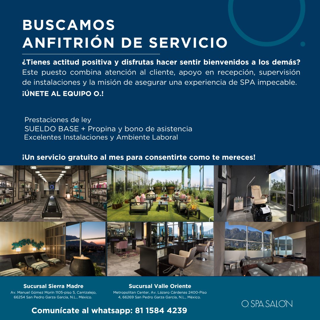 Banner del anuncio de la vacante: BUSCAMOS · ANFITRIÓN DE SERVICIO · ¿Tienes actitud positiva y disfrutas hacer sentir bienvenidos a los demás? · Este puesto combina atención