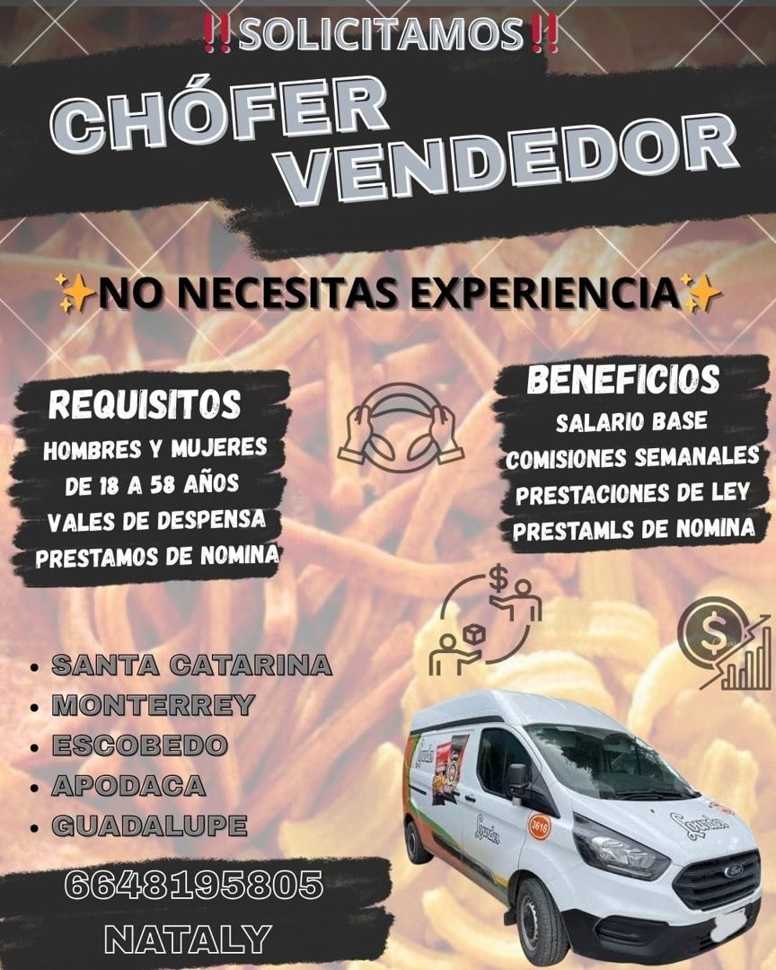 Banner del anuncio de la vacante: PISOLICITAMOS !! · CHÓFER · VENDEDOR · FINO NECESITAS EXPERIENCIA) · REQUISITOS · HOMBRES Y MUJERES · DE 18 A 58 AÑOS · VALES DE DESPENSA · 