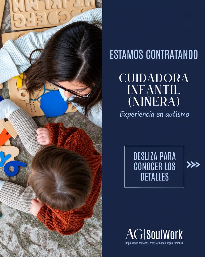 Banner del anuncio de la vacante: Hola cu · 25809 · ESTAMOS CONTRATANDO · CUIDADORA · INFANTIL · (NINERA) · Experiencia en autismo · DESLIZA PARA · CONOCER LOS · DETALLES · A