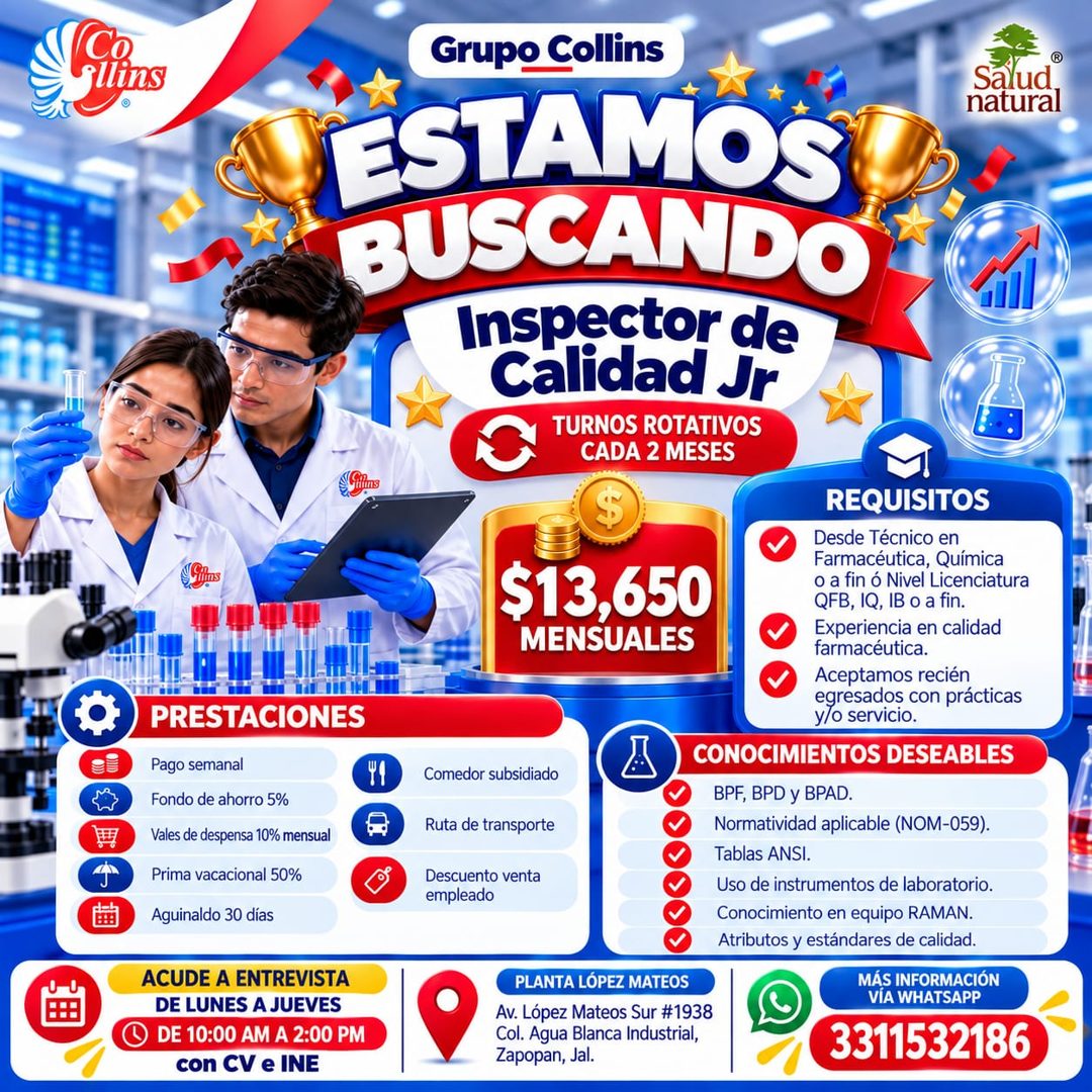 Banner del anuncio de la vacante: Co · fllins · Grupo Collins · ESTAMOS · BUSCANDO · Inspector de · Calidad Jr · TURNOS ROTATIVOS · CADA 2 MESES · salud® · natural · Tins · f