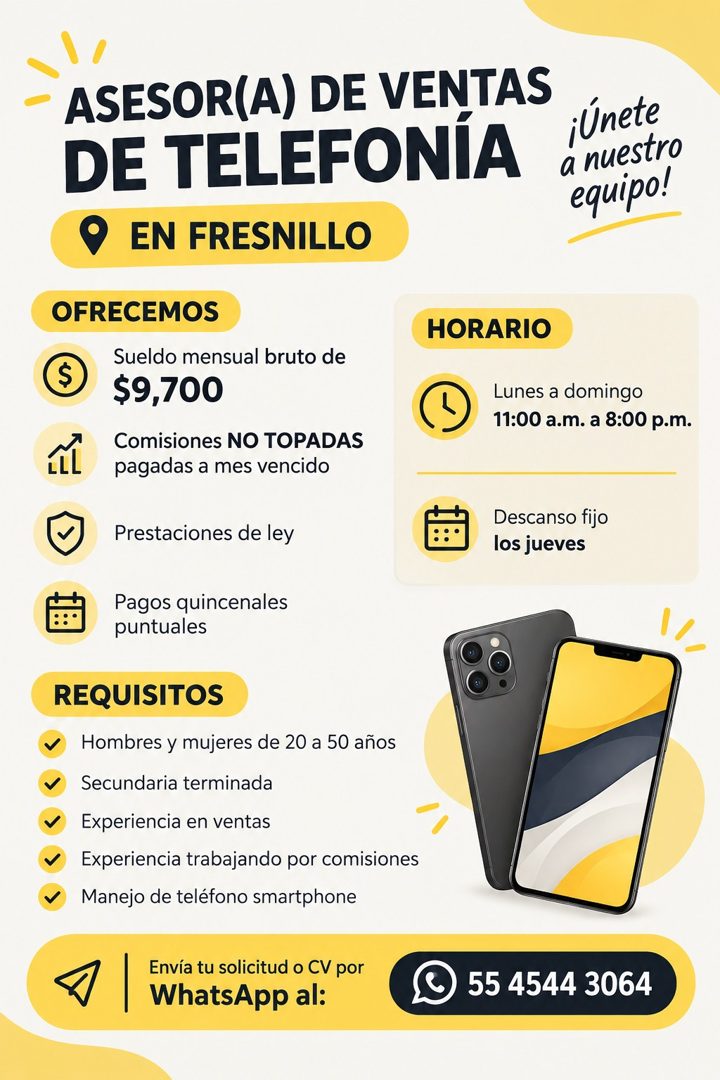 Banner del anuncio de la vacante: ASESOR(A) DE VENTAS · DE TELEFONIA · O EN FRESNILLO · OFRECEMOS · © · Sueldo mensual bruto de · $9,700 · LiL · Comisiones NO TOPADAS · pagad