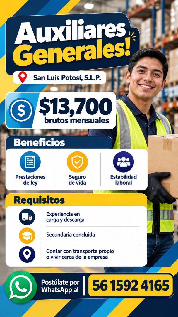 Banner del anuncio de la vacante: Aunelares · San Luis Potosí, S.L.P. · $ · $13,700 · brutos mensuales · Beneficios · Prestaciones · de ley · Seguro · de vida · Requisitos · 