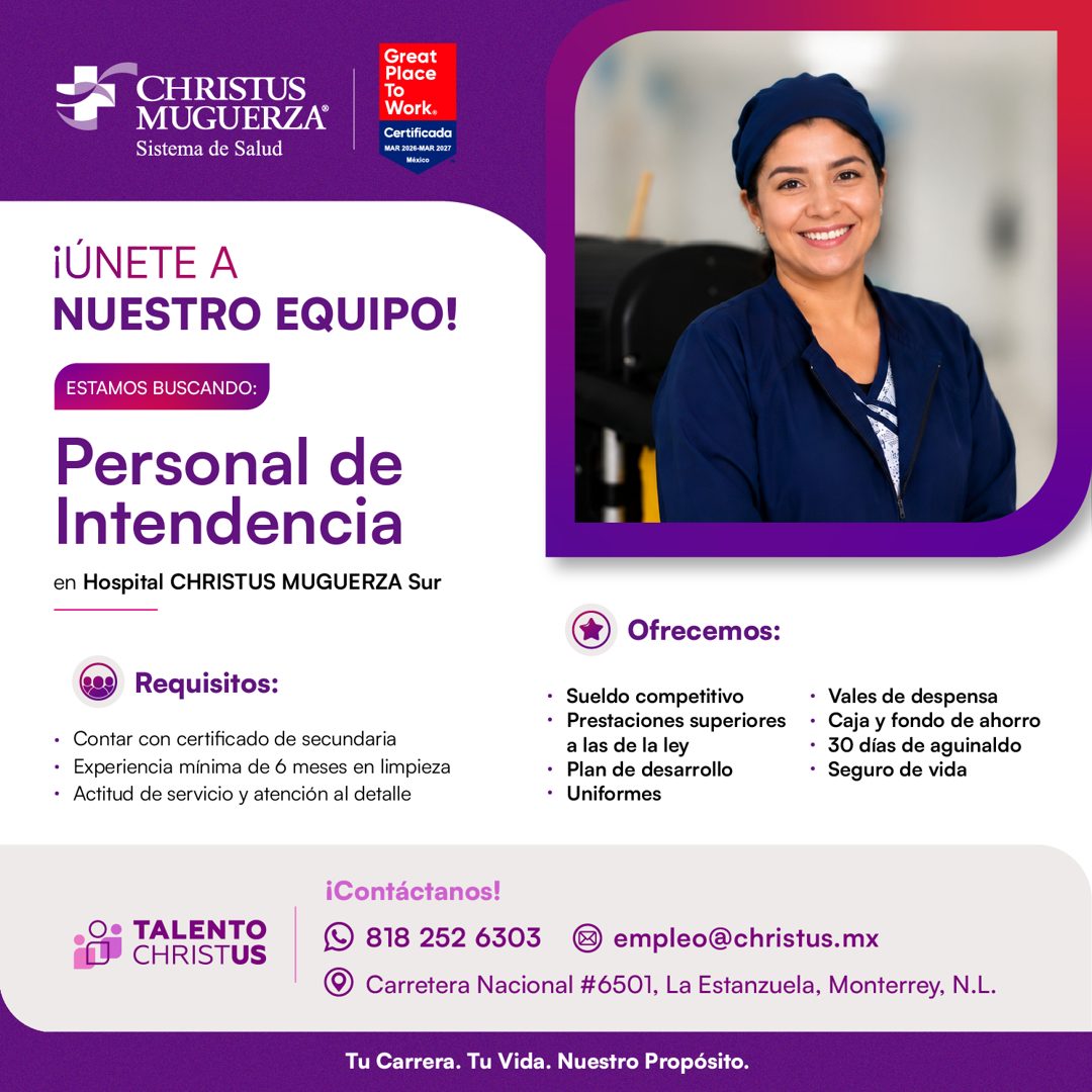 Banner del anuncio de la vacante: CHRISTUS · MUGUERZA® · Sistema de Salud · Great · Place · TO · Work® · Certificada · MAR 2026-MAR 2027 · México · ¡ÚNETE A · NUESTRO EQUIPO!