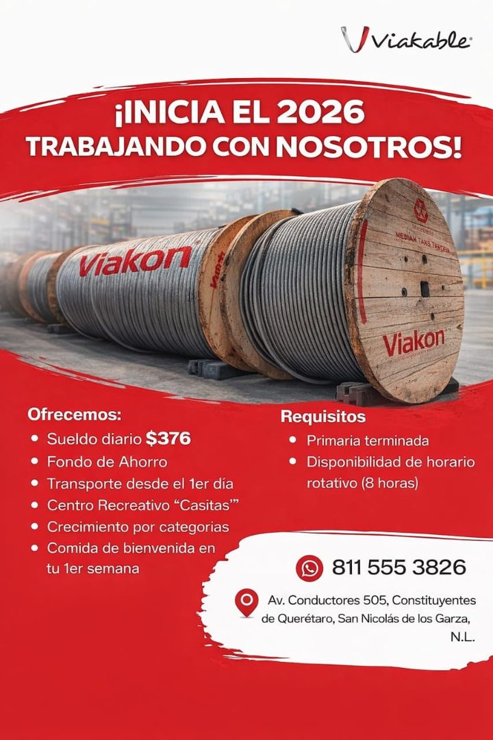 Banner del anuncio de la vacante: Viakable · ¡INICIA EL 2026 · TRABAJANDO CON NOSOTROS! · Viakon · MEDIAN TANS TRYTES, · Viakon · Ofrecemos: · • Sueldo diario $376 · • Fondo 