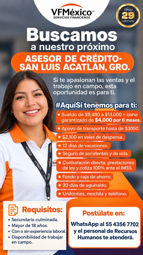 Banner del anuncio de la vacante: VFMéxico® · SERVICIOS FINANCIEROS · VEMexico · 29 · Aniversario. · Buscamos · a nuestro próximo · ASESOR DE CRÉDITO- · SAN LUIS ACATLÁN, GRO