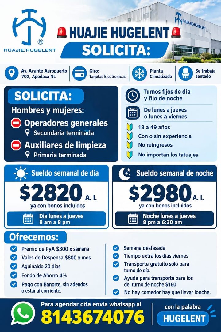 Banner del anuncio de la vacante: S HUAJE/HUGELENT · ® · HUAJIE/HUGELENT · • HUAJIE HUGELENT · SOLICITA: · Giro: · Tarjetas Electronicas · Av. Avante Aeropuerto · 702, Apodac