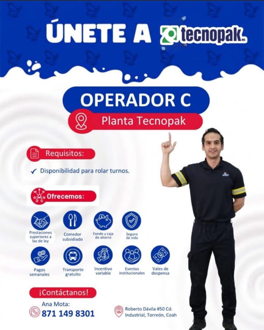 Banner del anuncio de la vacante: UNETE A · Теспорак. · OPERADOR C · Planta Tecnopak · Requisitos: · ‹ Disponibilidad para rolar turnos. · Ofrecemos: · Prestaciones · superio