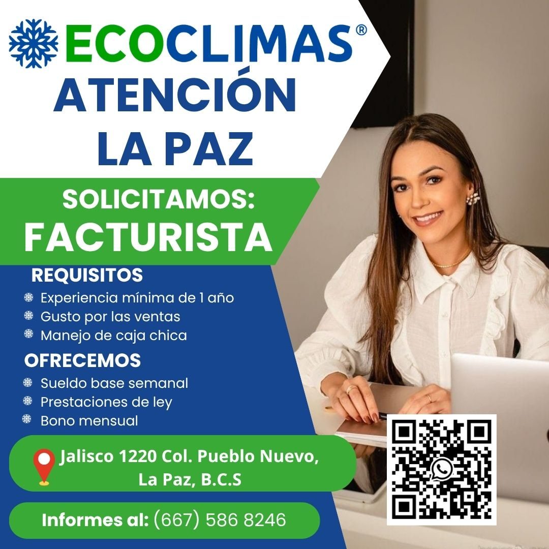 Banner del anuncio de la vacante: ECOCLIMAS® · ATENCIÓN · LA PAZ · SOLICITAMOS: · FACTURISTA · REQUISITOS · • Experiencia mínima de 1 año · Gusto por las ventas · • Manejo de