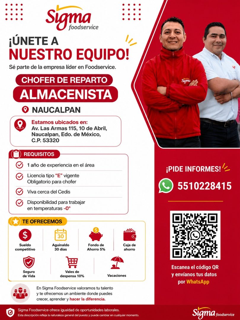 Banner del anuncio de la vacante: Sigma · foodservice · ¡ÚNETE A · NUESTRO EQUIPO! · Sé parte de la empresa líder en Foodservice. · CHOFER DE REPARTO · ALMACENISTA · NAUCALPA