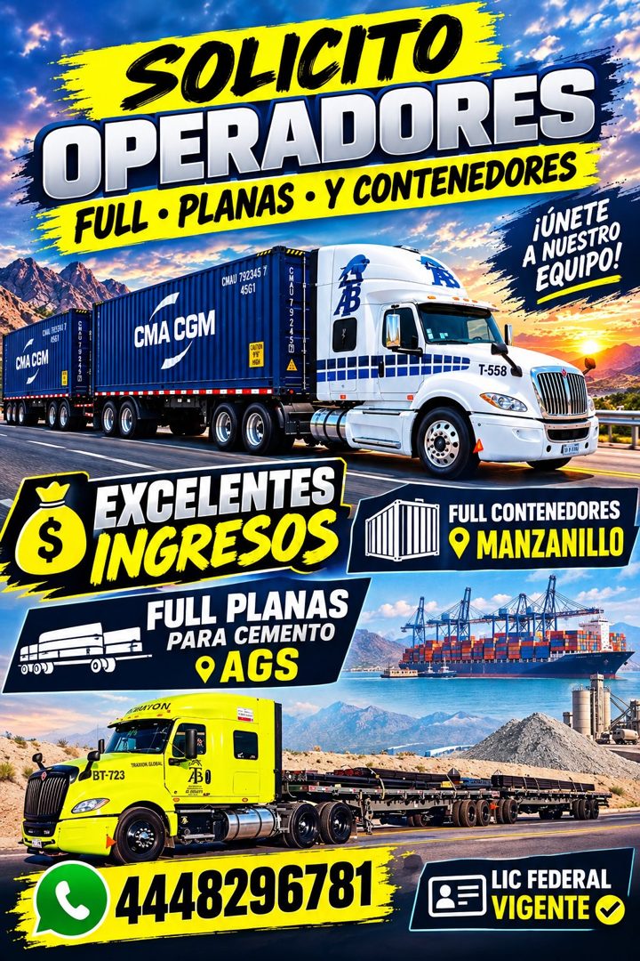 Banner del anuncio de la vacante: SOLICITO · OPERADORES · FULL • PLANAS • Y CONTENEDORES · CHAU 792345 7 · 4561 · ¡ÚNETE · A NUESTRO · EQUIPO! · CAL REBA 7 · 1561 · CHA CCM ·