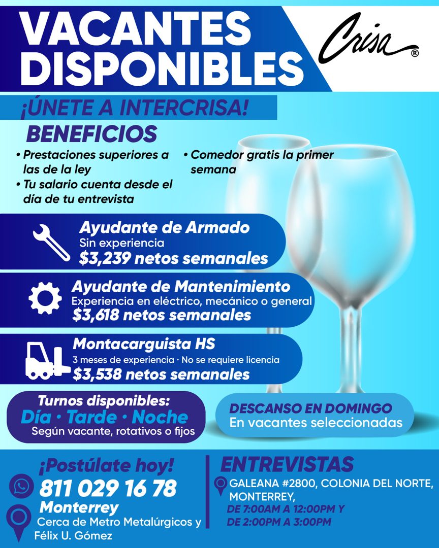 Banner del anuncio de la vacante: VACANTES · DISPONIBLES · ¡ÚNETE A INTERCRISA! · BENEFICIOS · • Prestaciones superiores a • Comedor gratis la primer · las de la ley · semana