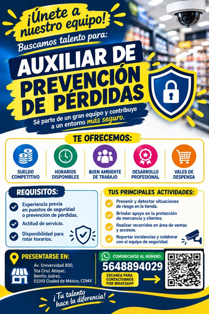 Banner del anuncio de la vacante: ¡únete a · nuestro equipo! · Buscamos talento para: · AUXILIAR DE · PREVENCIÓN · DE PERDIDAS · Sé parte de un gran equipo y contribuye · a u