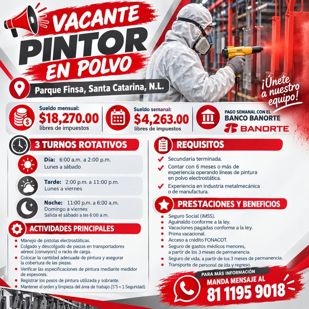 Banner del anuncio de la vacante: E VACANTE · PINTOR · EN POLVO · Parque Finsa, Santa Catarina, N.L. · Sueldo mensual: · $18,270.00 · libres de impuestos · 3 TURNOS ROTATIVOS