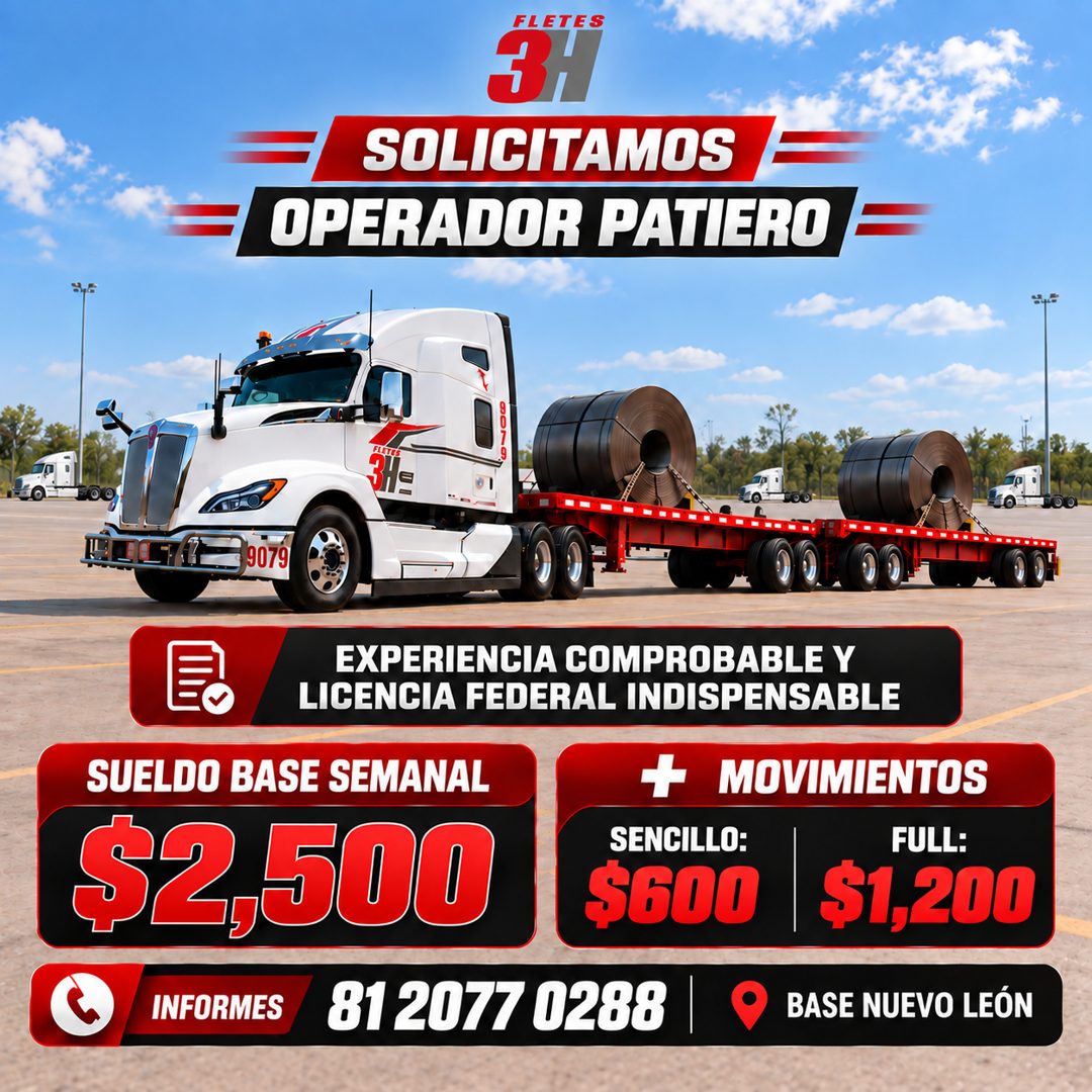 Banner del anuncio de la vacante: FLETES · ЗН · SOLICITAMOS = · OPERADOR PATIERO = · 31s · 9079 · SUELDO BASE SEMANAL · $2,500 · INFORMES · 81 2077 0288 · EXPERIENCIA COMPROB