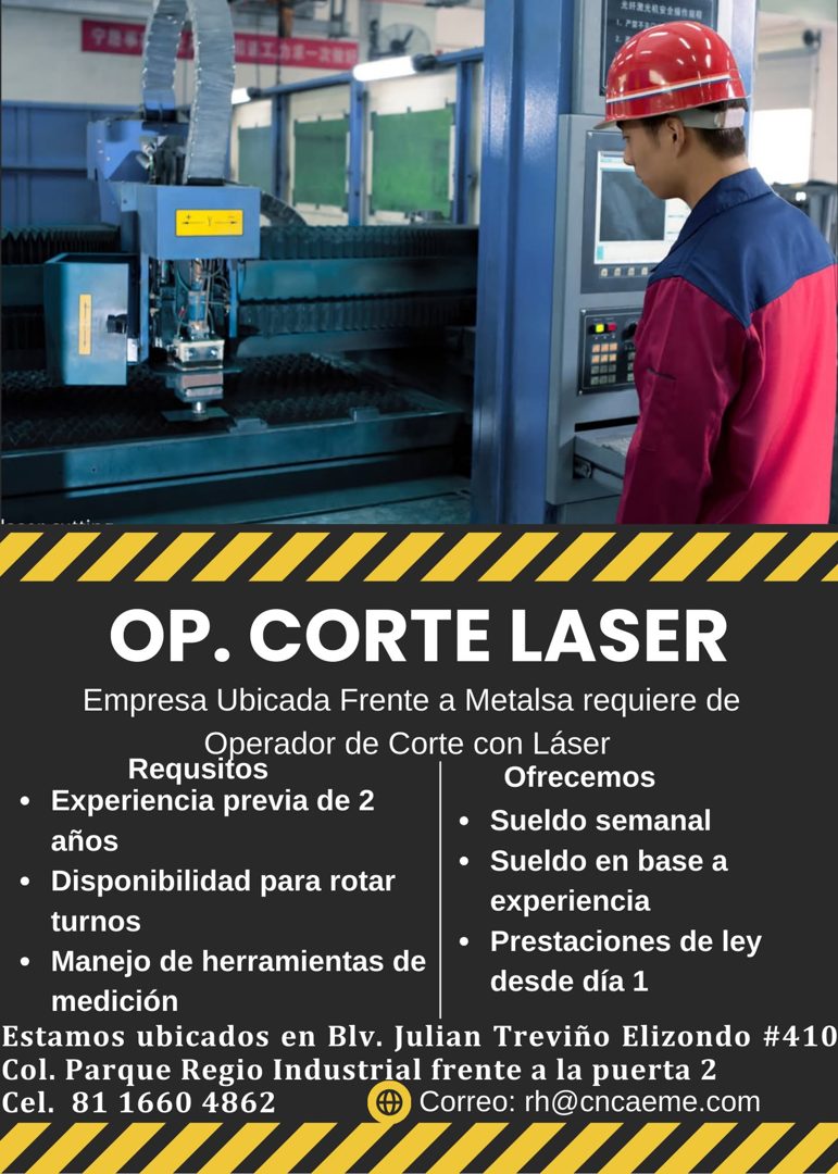 Banner del anuncio de la vacante: ARREARENA · 986 · OP. CORTE LASER · Empresa Ubicada Frente a Metalsa requiere de · Operador de Corte con Láser · Requsitos · Ofrecemos · • E
