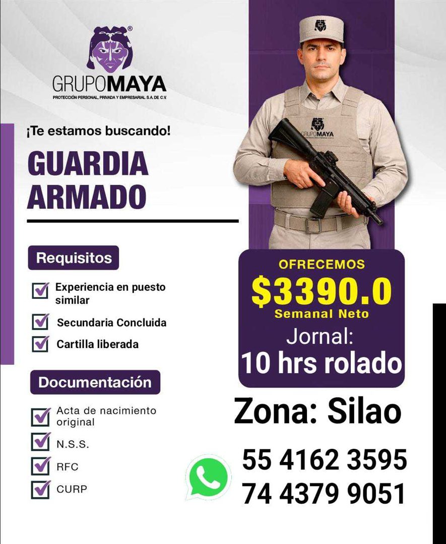 Banner del anuncio de la vacante: GRUPOMAYA · PROTECCIÓN PERSONAL, PRIVADA Y EMPRESARIAL S.A. DE C.V. · ¡Te estamos buscando! · GUARDIA · ARMADO · Requisitos · Experiencia en