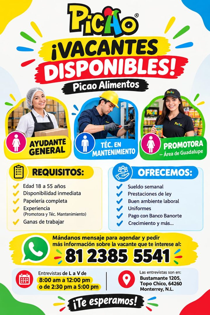 Banner del anuncio de la vacante: PiCÃo® · iVACANTES · DISPONIBLES! · Picao Alimentos · Pic/fo · Picto · Seamo · AYUDANTE · GENERAL · TÉC. EN · MANTENIMIENTO · PROMOTORA · - 