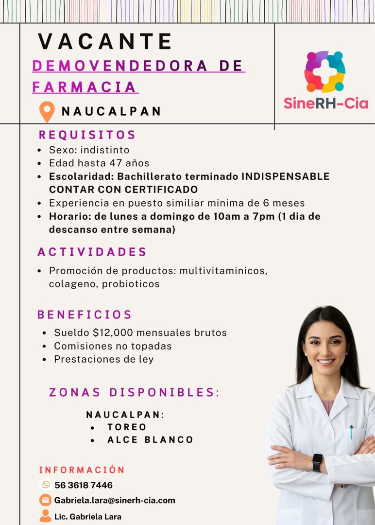 Banner del anuncio de la vacante: VACANTE · DEMOVENDEDORA DE · FARMACIA · SineRH-Cia · NAUCALPAN · REQUISITOS · • Sexo: indistinto · • Edad hasta 47 años · • Escolaridad: Bac