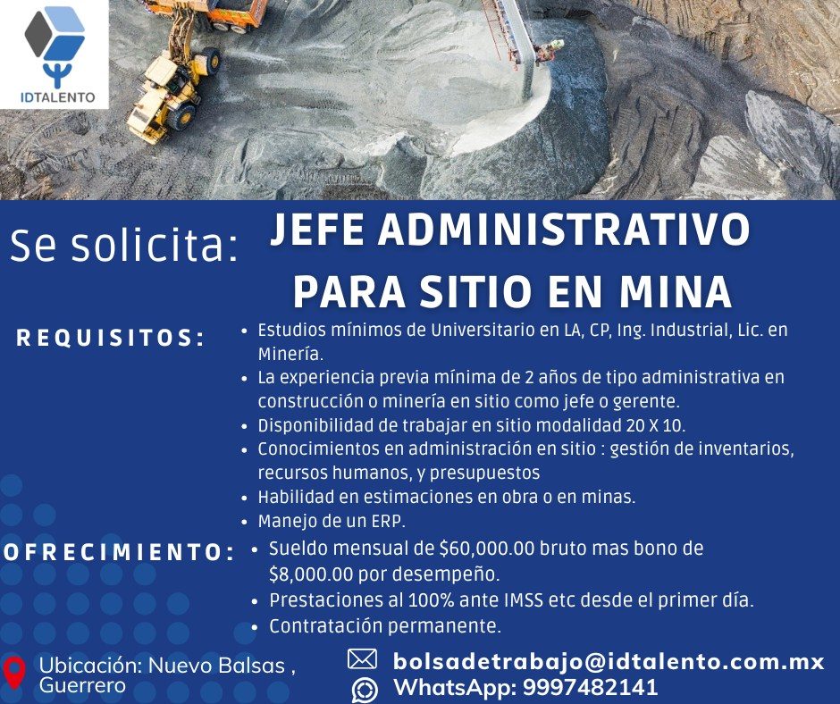 Banner del anuncio de la vacante: IDTALENTO · Se solicita: JEFE ADMINISTRATIVO · PARA SITIO EN MINA · REQUISITOS: · • Estudios mínimos de Universitario en LA, CP, Ing. Indust