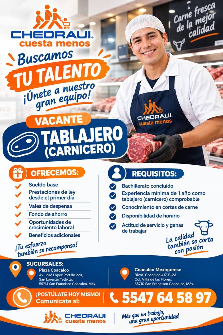 Banner del anuncio de la vacante: / Carne fresca · de la mejor · calidad · CHEDRAUI. · cuesta menos · Buscamos · TU TALENTO · ¡Únete a nuestro · gran equipo! · VACANTE · TABL