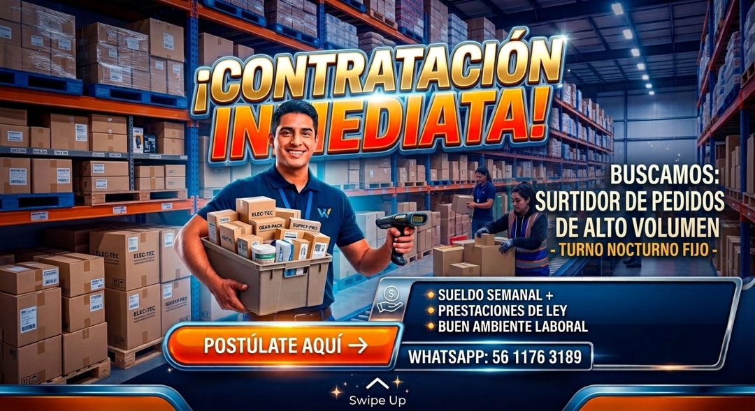 Banner del anuncio de la vacante: BUSCAMOS: · SURTIDOR DE PEDIDOS · DE ALTO VOLUMEN · - TURNO NOCTURNO FIJO - · SUOECYPRO · ELECITEC · POSTÚLATE AQUÍ → · • SUELDO SEMANAL + ·
