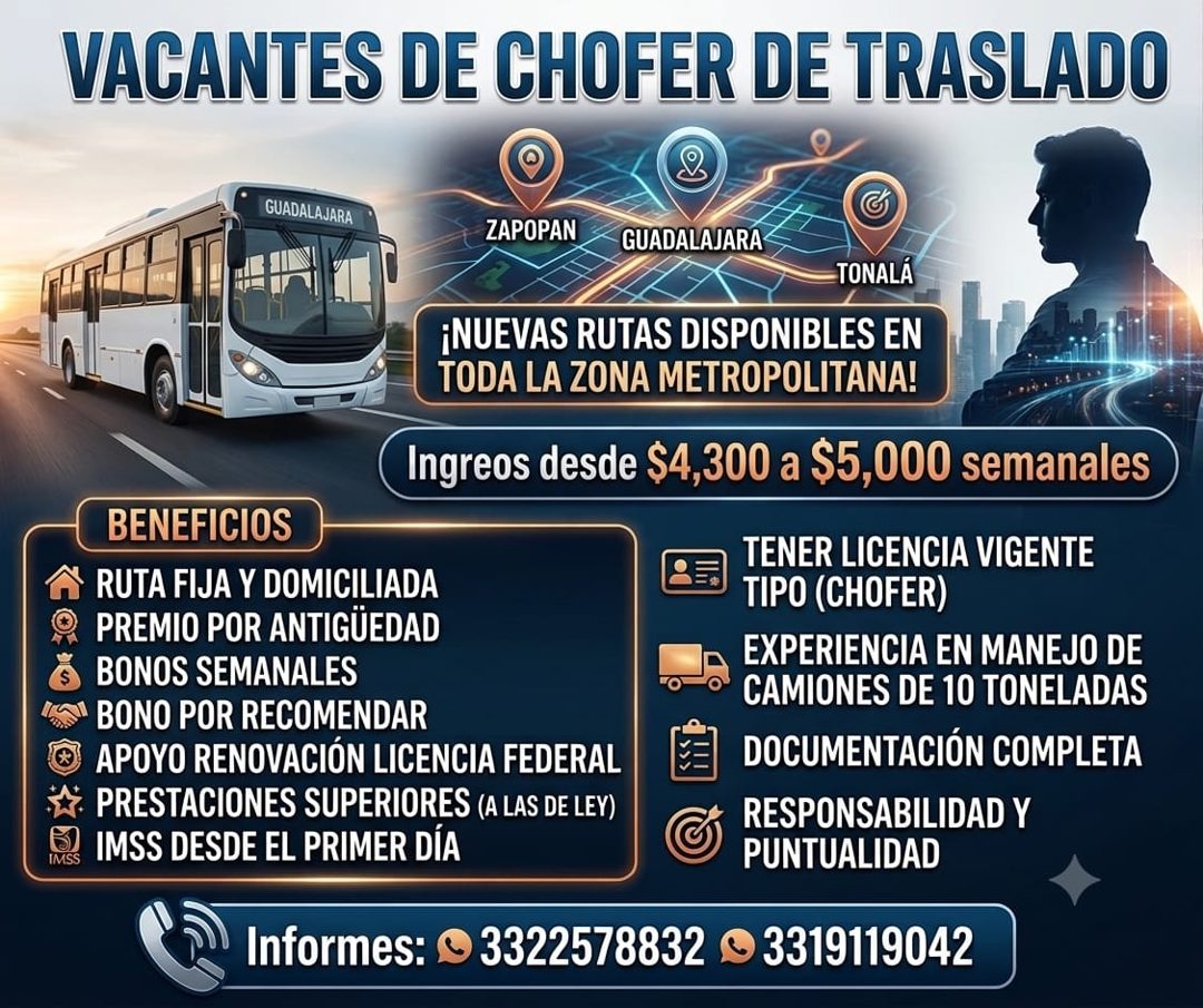 Banner del anuncio de la vacante: VACANTES DE CHOFER DE TRASLADO · GUADALAJARA · ZAPOPAN · GUADALAJARA · TONALÁ · ¡NUEVAS RUTAS DISPONIBLES EN · TODA LA ZONA METROPOLITANA! ·