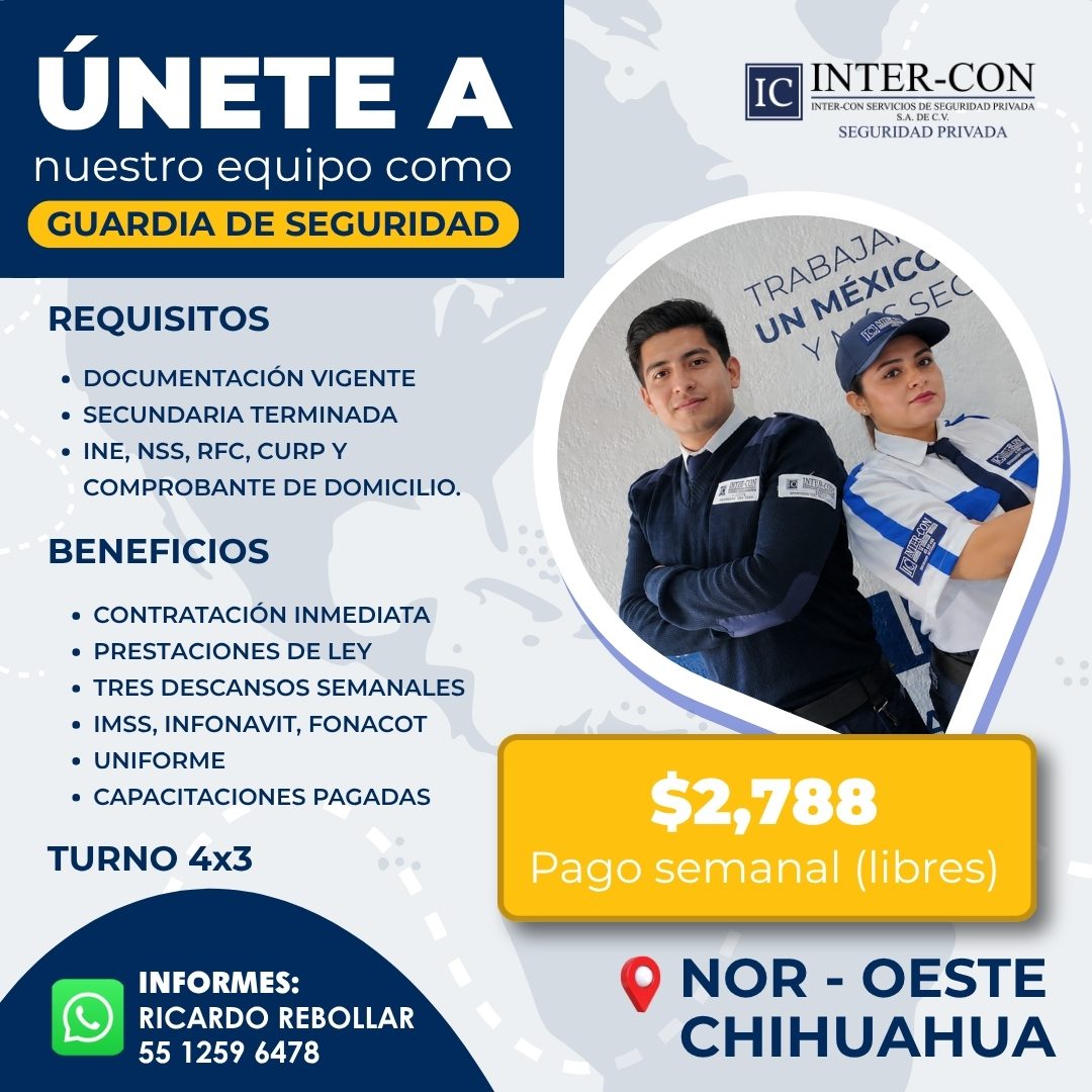 Banner del anuncio de la vacante: ÚNETE A · nuestro equipo como · GUARDIA DE SEGURIDAD · IC · INTER-CON · INTER-CON SERVICIOS DE SEGURIDAD PRIVADA · S.A. DE C.V. · SEGURIDAD 