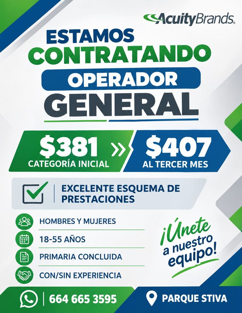 Banner del anuncio de la vacante: <AcuityBrands. · ESTAMOS · CONTRATANDO · OPERADOR · GENERAL · $381 · CATEGORÍA INICIAL · $407 · AL TERCER MES · EXCELENTE ESQUEMA DE · PREST