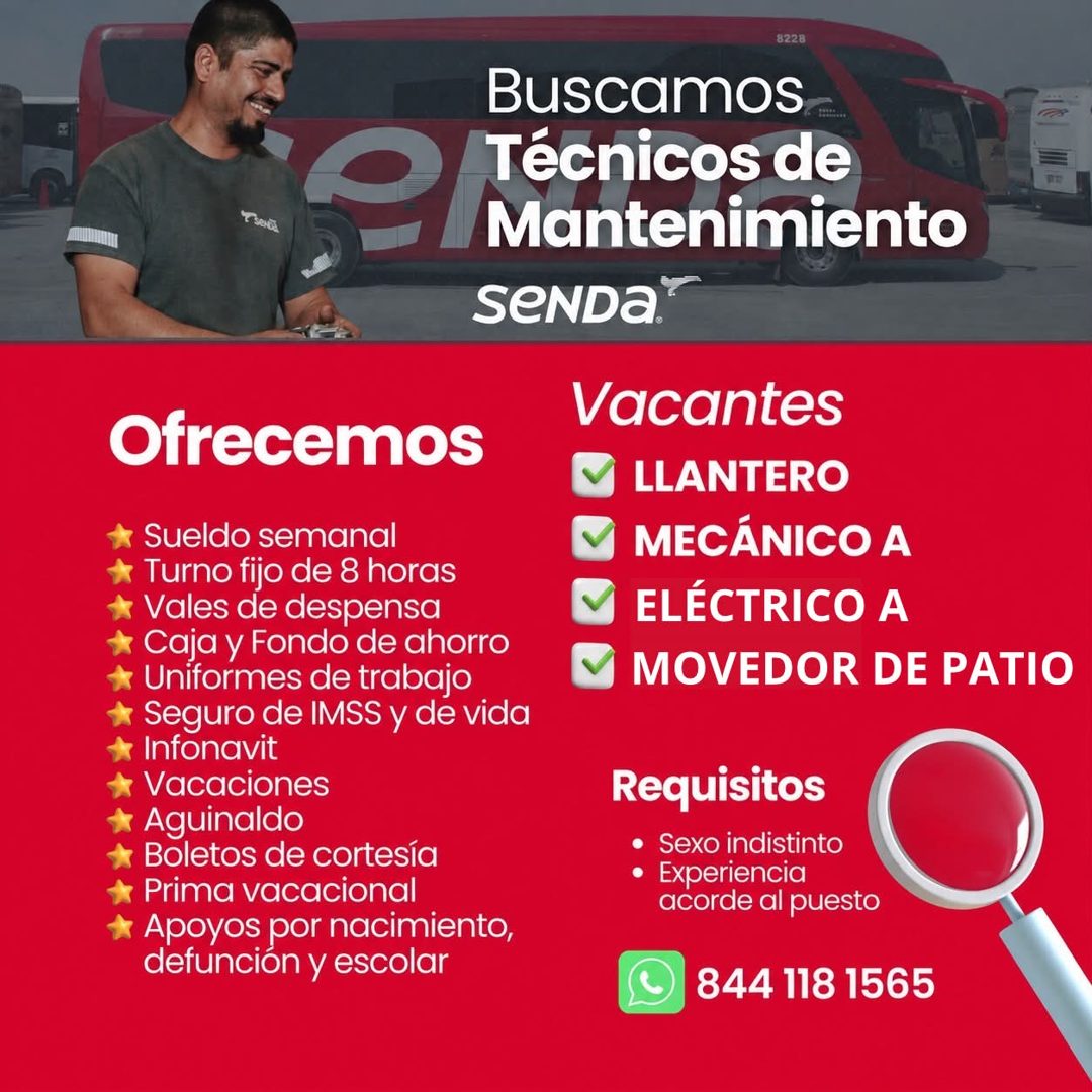 Banner del anuncio de la vacante: Ofrecemos · * Sueldo semanal · * Turno fijo de 8 horas · * Vales de despensa · * Caja y Fondo de ahorro · * Uniformes de trabajo · * Seguro 
