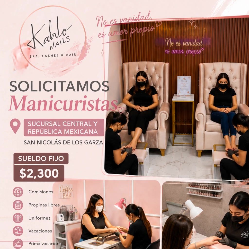Banner del anuncio de la vacante: Kaho · SPA, LASHES & HAIR · No es vanidad, · es amor propio · No es vanidad, · es amor propio? · SOLICITAMOS · Manicuristas · SUCURSAL CENTR