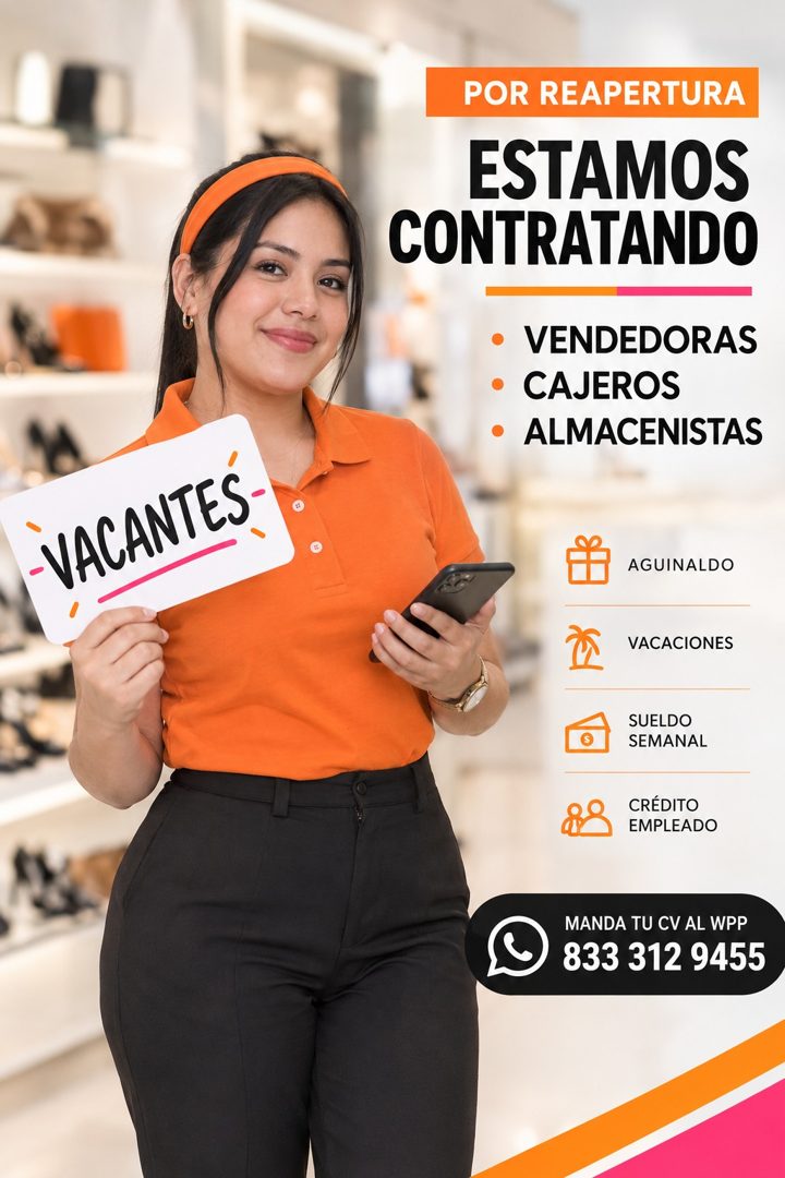 Banner del anuncio de la vacante: VACANTES · POR REAPERTURA · ESTAMOS · CONTRATANDO · • · VENDEDORAS · • CAJEROS · • ALMACENISTAS · AGUINALDO · VACACIONES · SUELDO · SEMANAL 