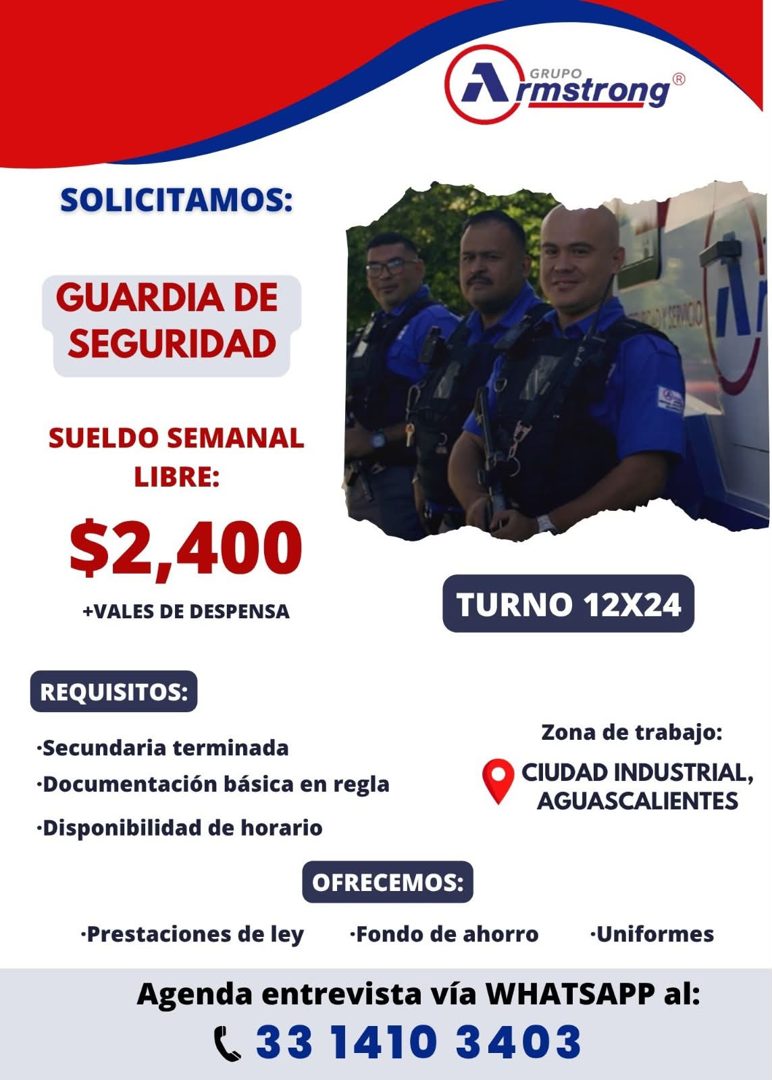 Banner del anuncio de la vacante: GRUPO · rimstrong® · SOLICITAMOS: · GUARDIA DE · SEGURIDAD · SUELDO SEMANAL · LIBRE: · $2,400 · +VALES DE DESPENSA · TURNO 12X24 · REQUISITO