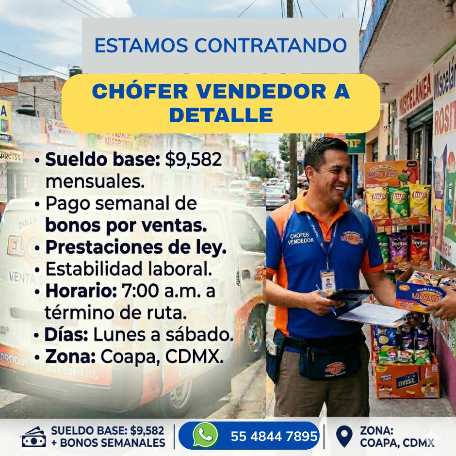 Banner del anuncio de la vacante: PROTSS · VEN · PROD · ESTAMOS CONTRATANDO · CHÓFER VENDEDOR A · DETALLE · • Sueldo base: $9,582 · mensuales. · • Pago semanal de · bonos por