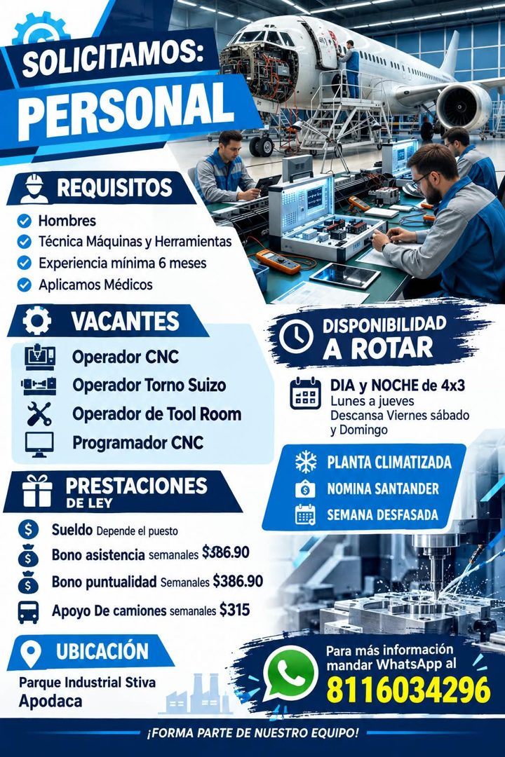 Banner del anuncio de la vacante: SOLICITAMOS: · PERSONAL · REQUISITOS · Hombres · Técnica Máquinas y Herramientas · Experiencia mínima 6 meses · Aplicamos Médicos · VACANTES