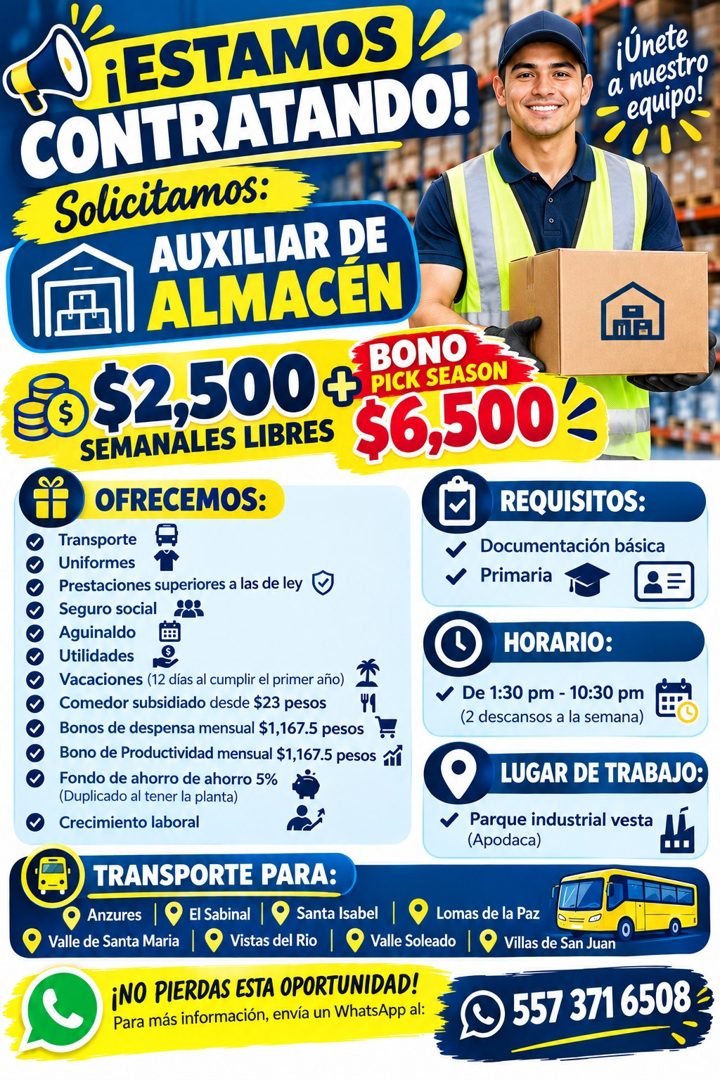 Banner del anuncio de la vacante: EN ¡ESTAMOS L · CONTRATANDO! · Solicitamos: · AUXILIAR DE · ALMACEN · ¡Únete · a nuestro · equipo! · ME · 52,500 $PCKSEASON · SEMANALES LIBR