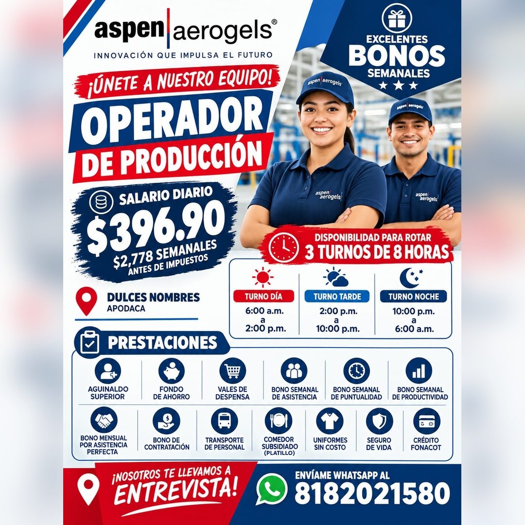 Banner del anuncio de la vacante: aspen · aerogels® · INNOVACIÓN QUE IMPULSA EL FUTURO · ¡ÚNETE A NUESTRO EQUIPO! · OPERADOR · DE PRODUCCIÓN · SALARIO DIARIO · $396.90 · $2,7