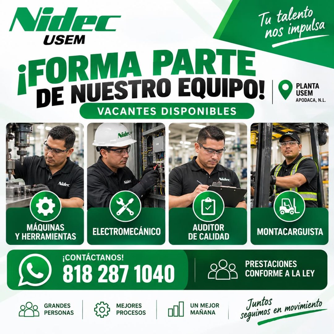 Banner del anuncio de la vacante: Nider · USEM · ¡FORMA PARTE · DE NUESTRO EQUIPO! · VACANTES DISPONIBLES · Nider · Tu talento · nos impulsa · PLANTA · USEM · APODACA, N.L. ·