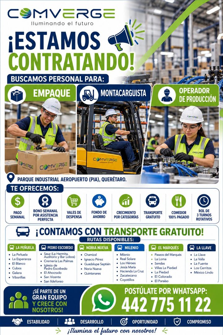 Banner del anuncio de la vacante: MVERGE · Iluminando el futuro · ¡ESTAMOS • · CONTRATANDO! · BUSCAMOS PERSONAL PARA: · EMPAQUE · MONTACARGUISTA · OPERADOR · DE PRODUCCIÓN · 