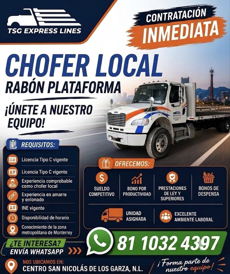 Banner del anuncio de la vacante: TSG EXPRESS LINES · CONTRATACIÓN · INMEDIATA · CHOFER LOCAL · RABÓN PLATAFORMA · ¡ÚNETE A NUESTRO · EQUIPO! · 83 · REQUISITOS: · Licencia Ti